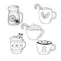 Mugs with a warm drink cinnamon and candy cane. set icon, card, poster, menu. sketch hand drawn doodle. monochrome. Christmas.