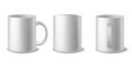 Mugs white. Realistic ceramic cups from different sides. Coffee or tea 3d blank dishware mockup, hot beverage empty