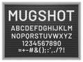 Mugshot letter board. Black frame with white plastic changeable letters and numbers for messages, vector mockup for