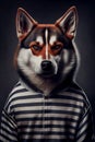 Mugshot of wanted dog in prison, syberian husky in jail clothes, Generative AI Royalty Free Stock Photo