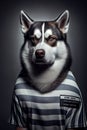 Mugshot of wanted dog in prison, syberian husky in jail clothes, Generative AI Royalty Free Stock Photo