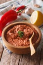 Muhammara traditional Arabian appetizer close-up. vertical Royalty Free Stock Photo