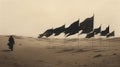 Muharram al haram black flags flying in the desert. AI Generated