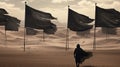 Muharram al haram black flags flying in the desert silhouette of a man in the desert with black flag. AI Generated