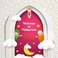 welcome to muharram greeting card with cute muslim cartoon character