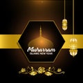 Muharram Ul Haram islamic month of muslim with black background, lamps and mosque. vector illustration