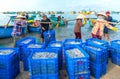 Mui Ne, Vietnam, April 23, 2018: Market early fishing village when people busy buying selling fish, transport fish to markets, all