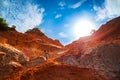 Muine, Vietnam - July 18, 2019 - Fairy Stream. Red canyon on the background of blue sky. People walking and taking pictures