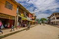 Muisne, Ecuador - March 16, 2016: Buildings in the center of the city, main street, in the coast of Ecuador