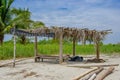 Muisne, Ecuador - March 16, 2016: Small charming bamboo construction with wooden sign saying bienvenidos a isla bonita Royalty Free Stock Photo