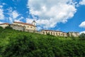 Mukachevo castle in sunny weather on a hill. Memos of architecture. The remains of forteci in the city of Mukachevo. Harmonious