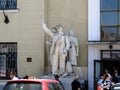 Decommunized sculpture of the proletariat near the entrance to Mukachevo railway station