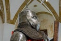 MUKACHEVO, UKRAINE - MAY, 2019: Iron antique knight armor and steel helmet with visor