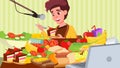 Mukbang Eating Show Vector. Girl. Cooking A Lot Of Food. Korean Social Media. Illustration