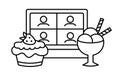 Mukbang linear icon. Sweet online meeting of friends with desserts. Cake party with cupcake and ice cream scoops, sticks. Royalty Free Stock Photo