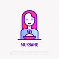 Mukbang thin line icon: girl with food. Modern vector illustration