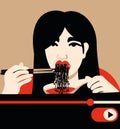 Mukbang. Young asian woman eating enoki mushrooms and making video