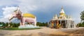 Mukdahan, Thailand - July 31, 2022: large 3-headed elephant statue, Naga at the entrance of the church at Dan Phra In Temple,