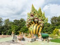 Mukdahan, Thailand - July 31, 2022: seven-headed Naga named Sri Rattanakarat at Wat Dan Phra In temple, Nikhom Kham Soi, Mukdahan