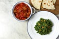 Mukimo, Kenya cuisine, meat stew, with chapatis on a white background, top view, no people, horizontal, Royalty Free Stock Photo