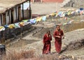 little children boys Buddhist monks in the courtyard of a monastery in the Himalayas Royalty Free Stock Photo