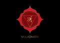 Muladhara chakra logo template. First root chakra symbol. Red and Gold sacral sign meditation, yoga mandala icon vector isolated