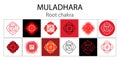 Muladhara icon set. The first root chakra. Vector red gloss and shine. One line symbol. Outline sacral sign collection. Meditation Royalty Free Stock Photo