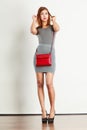 Mulatto girl gray wear with red handbag Royalty Free Stock Photo