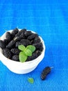 Mulberries decorated with mint in a white bowl