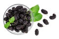 Mulberries with mint leaves isolated on white background with clipping path. Top view