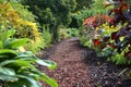 mulch path leading through a vibrant garden