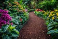 mulch path leading through a vibrant garden