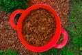 Mulching chips for the garden.Red chips for mulching in red silicone bucket in a garden near a boxwood bush. Mulching Royalty Free Stock Photo