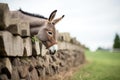 mule with a black stripe grazing next to a low stone fence