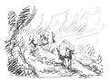 Mule caravan carrying load in mountains, Vector sketch, Hand drawn illustration