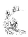 Mule caravan walking in mountains with load on back Vector sketch, Hand drawn illustration