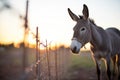 mule silhouette at sunset next to a barbed wire fence Royalty Free Stock Photo