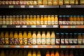 Organic fruit and vegetable juice in glass bottles at the supermart