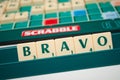 Plastic letters forming the word Bravo on the famous game board