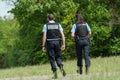 French gendarmerie patrol with bulletproof vests in border forest