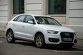 Front view of white Audi Q3 the famous german suv car parked in the street Royalty Free Stock Photo