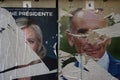Torn posters by an angry citizen of Marine Le pen and Eric Zemmour candidates for the presidential elections 2022