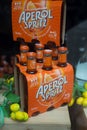 Closeup of Aperol spritz bottles in an italian store showroom