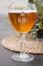 Closeup of glass of beer from Leffe brand on the table of restaurant terrace