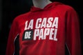 Mulhouse - France - 23 August 2020 - Closeup of la casa de papel logo of the serie tv on netfix on red weat shirt for women on