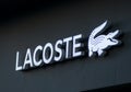 Closeup of Lacoste sign on store front, Lacoste is the famous french chain of luxury polo