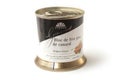 Closeup of traditional french foie gras in a metallic tin can on white background