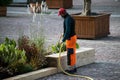 gardener watering in a public garden