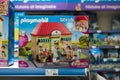 Playmobil figurines in a blue box packaging in a toys store supermarket