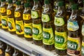 Closeup of olive oil bottles alignment from Puget Brand at Cora Supermarket Royalty Free Stock Photo